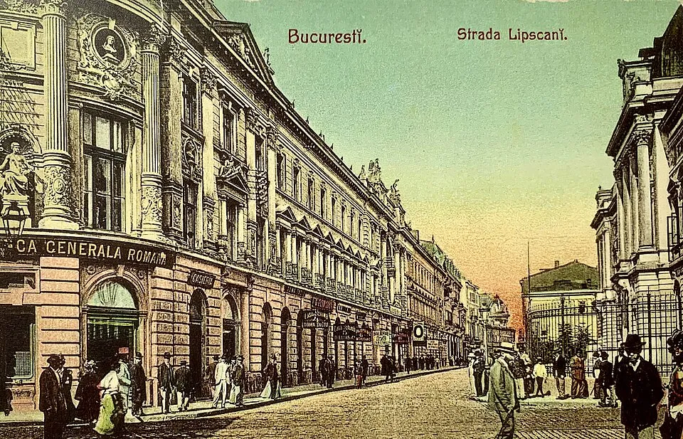 Postal card showing Strada Lipscani in Bucharest around 1900
