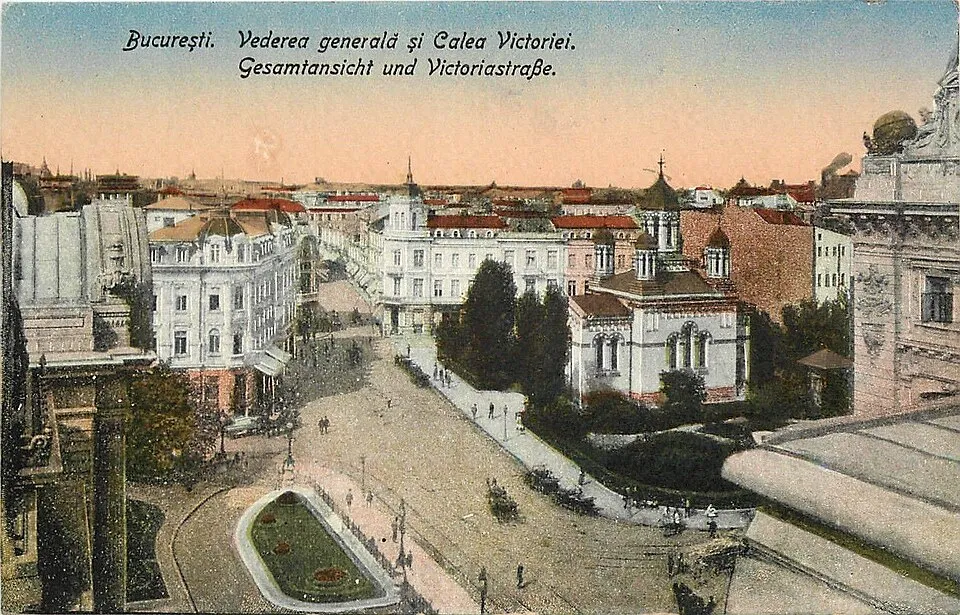 Postcard of the intersection of Calea Victoriei and Strada Stavropoleos and Lipscani, circa 1900
