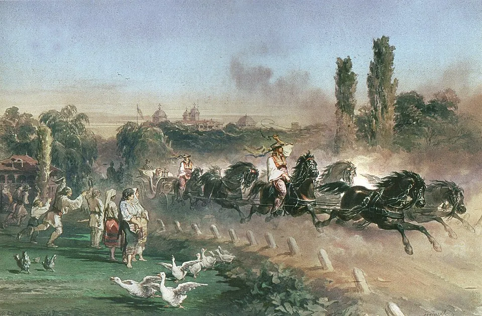 Painting by Amedeo Preziosi showing the princely mail coach at Cotroceni