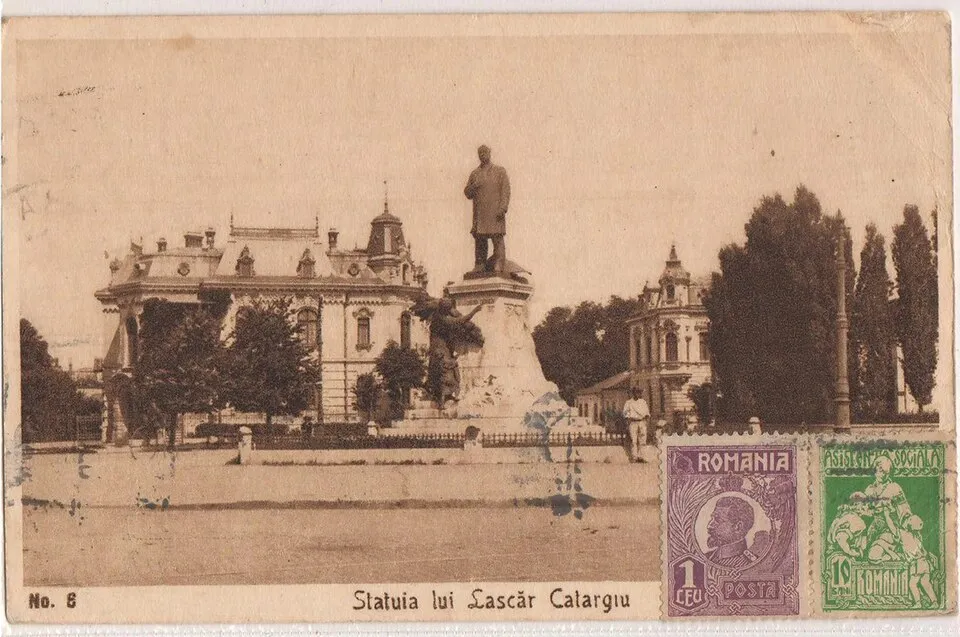 Carte postala din 1923 cu Piata Romana, Statuia lui Lascar Catargiu si Casa Sabba Stefanescu