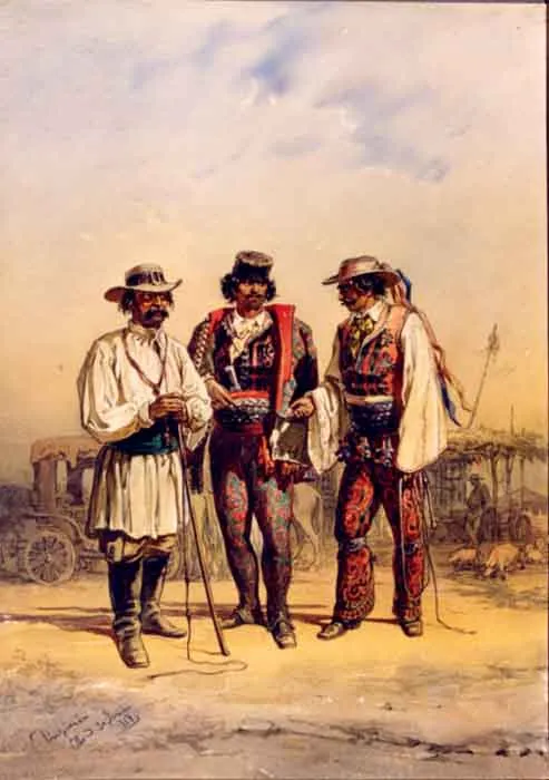 Painting by Amedeo Preziosi showing coachmen at the Obor market, 1868