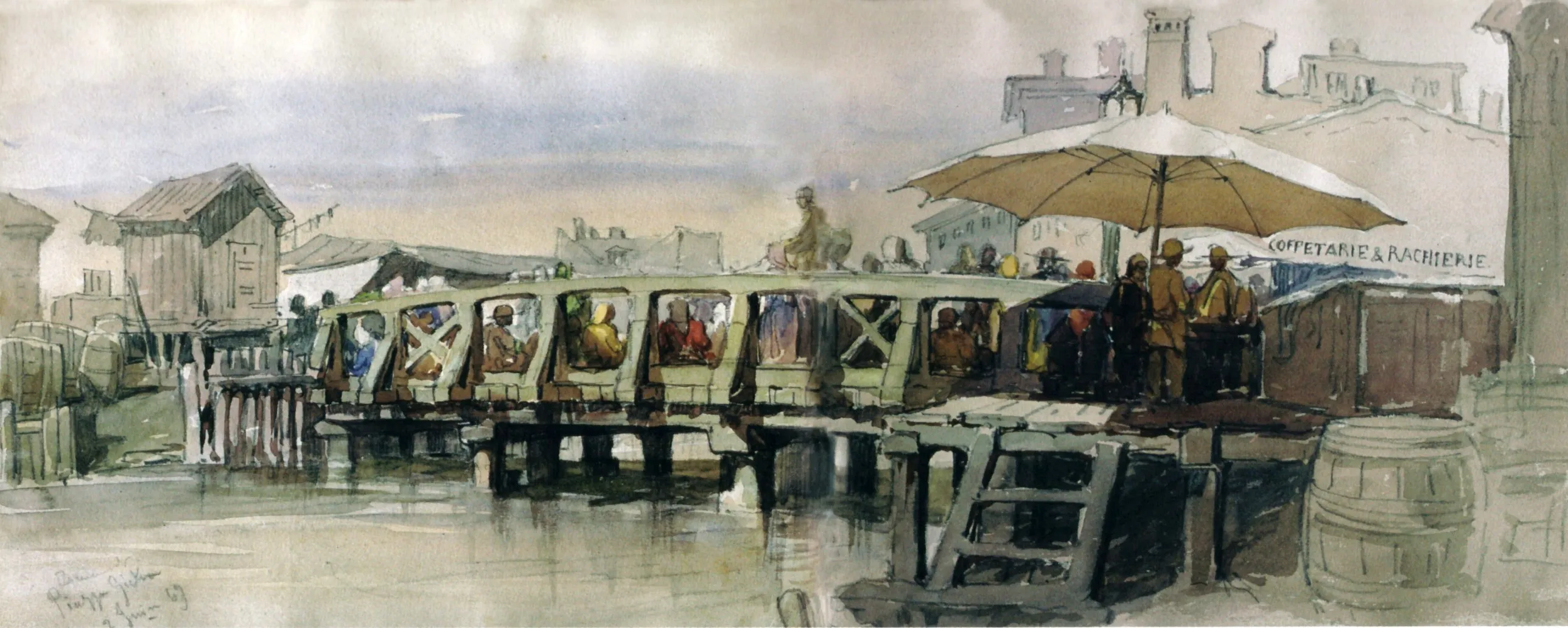 Watercolor painting by Amedeo Preziosi showing a bridge over the Dambovita river in Bucharest, 1869