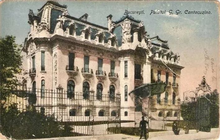 Colourful postcard of the Cantacuzino Palace on Calea Victoriei, circa 1910